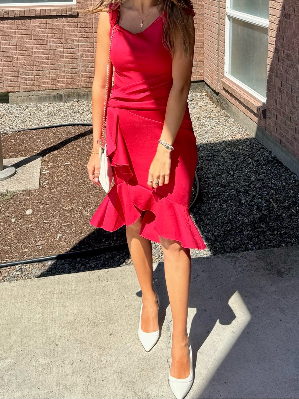 Elegant Red Ruffle Midi Dress - Women